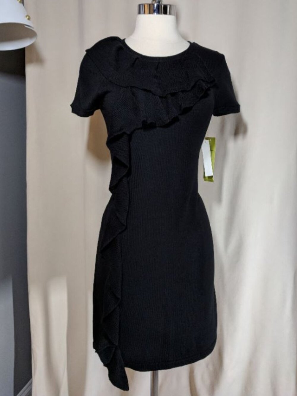 NICOLE MILLER Petite Black Cotton Ruffle Front Sweater Dress Size XS
